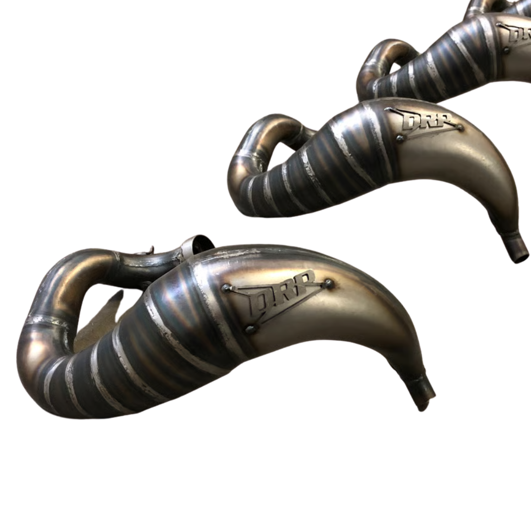 Two metallic exhaust pipes with 'DRP' branding on a white background