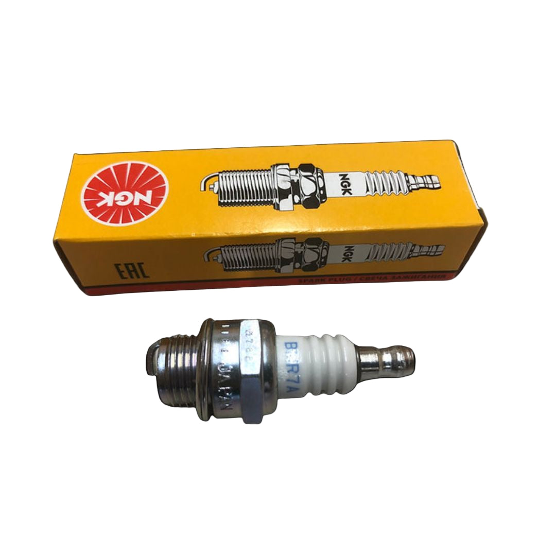 Spark plug and its packaging with NGK logo on a black background