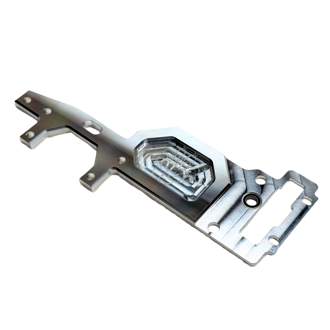 Outlaw billet ALX Twin 80 and 100cc upper deck in raw silver, showing engraved ALX logo pocket and sealed bearing in the rear section