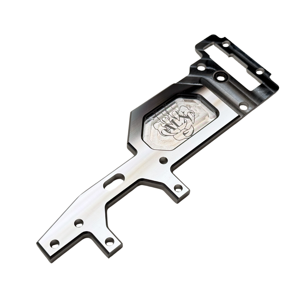 Outlaw billet ALX Twin 80 and 100cc upper deck in raw silver, top view, with engraved ALX claw logo, slotted hole and mounting holes