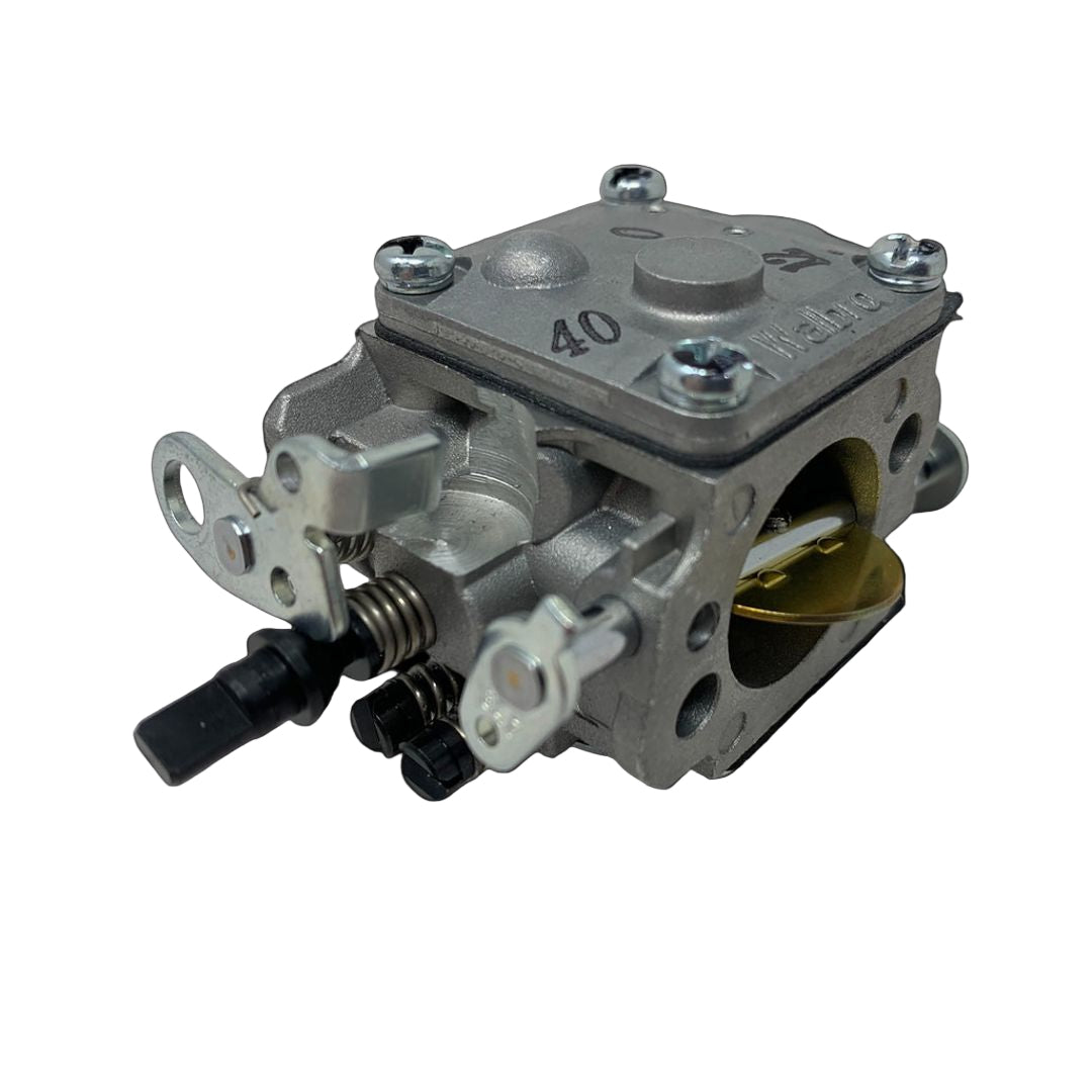 A new Walbro WJ146 Extreme Carb, which is a replacement for the WJ71 carburetor, with visible adjustments and fuel intake.