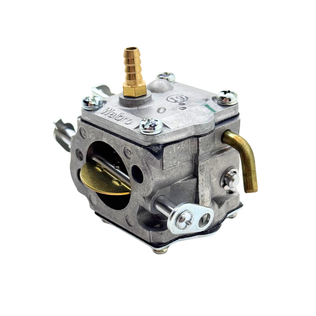 Carburetor with brass components on a white background