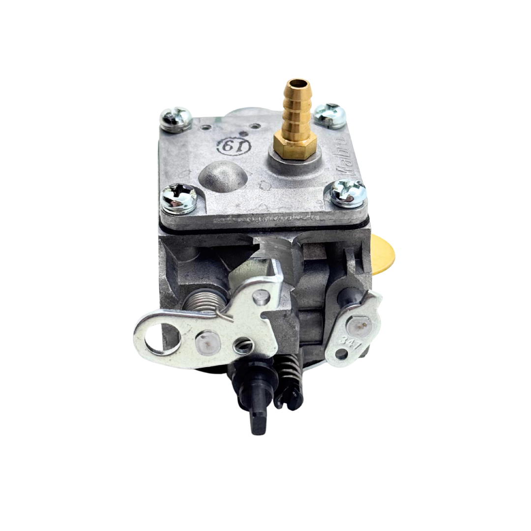 Mechanical carburetor with brass fitting on a white background